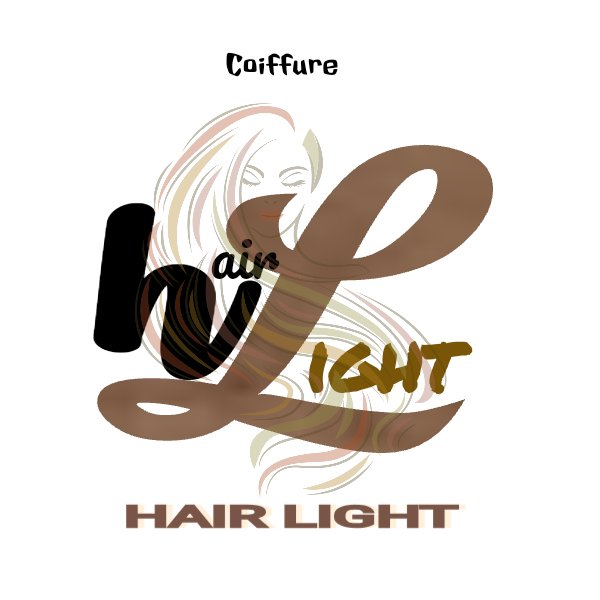 Conception de logo comportant le texte « Hair Light » dans des polices stylisées, complété par une illustration abstraite du visage et des cheveux d'une femme inspirée de l'esthétique japonaise, créant un arrière-plan serein de type spa.